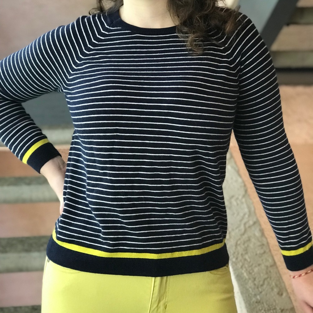 Navy blue and white striped sweater